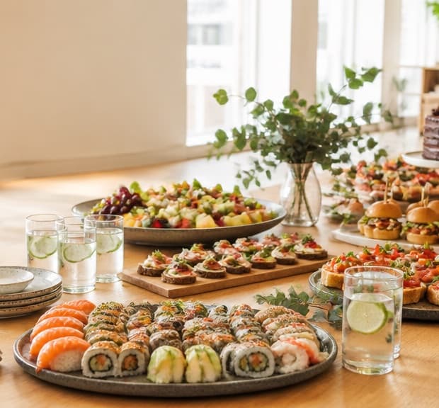 Veisluborð með smáréttum, tertu og sushi frá veitendum SMAKK